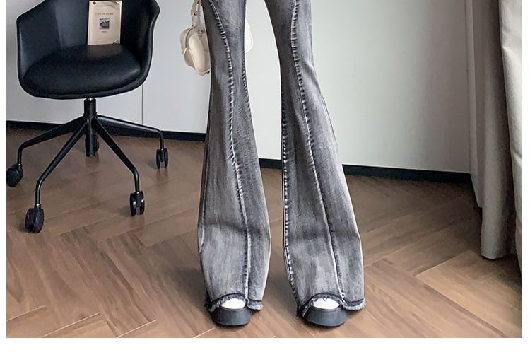 Klevy - Mid Waist Washed Rafled Belted Bell Bottom Jeans