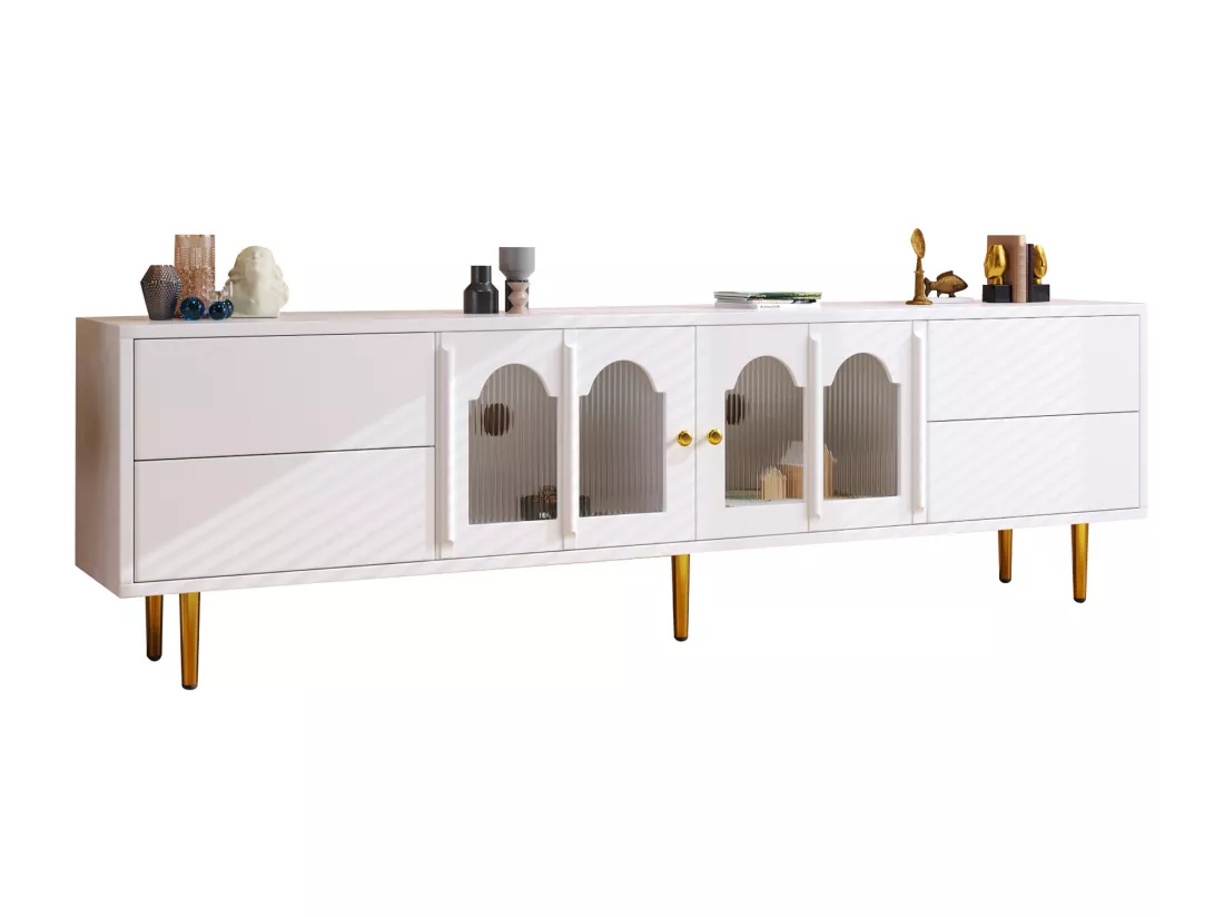 Meuble TV 170cm - 4 tiroirs et 2 portes - poignées et pieds dorés - Blanc