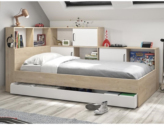 VENTE-UNIQUE - Lit enfant Lit armand avec rangements et tiroir - 90 x 200 cm - coloris...
