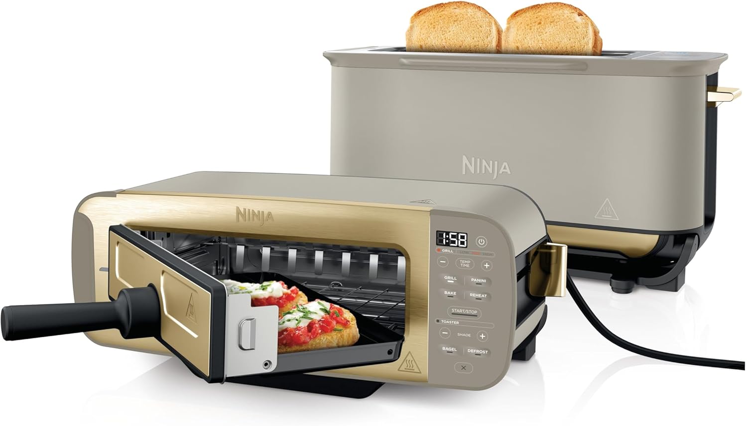 Ninja Foodi 3-in-1 Toaster, Elektrogrill mit Deckel, Panini-Presse mit Flip-Design, 7 Kochfunktionen, 7 Toastlinien, Backblech und Krümelschale, Stone Gold, ST202EUSTGD