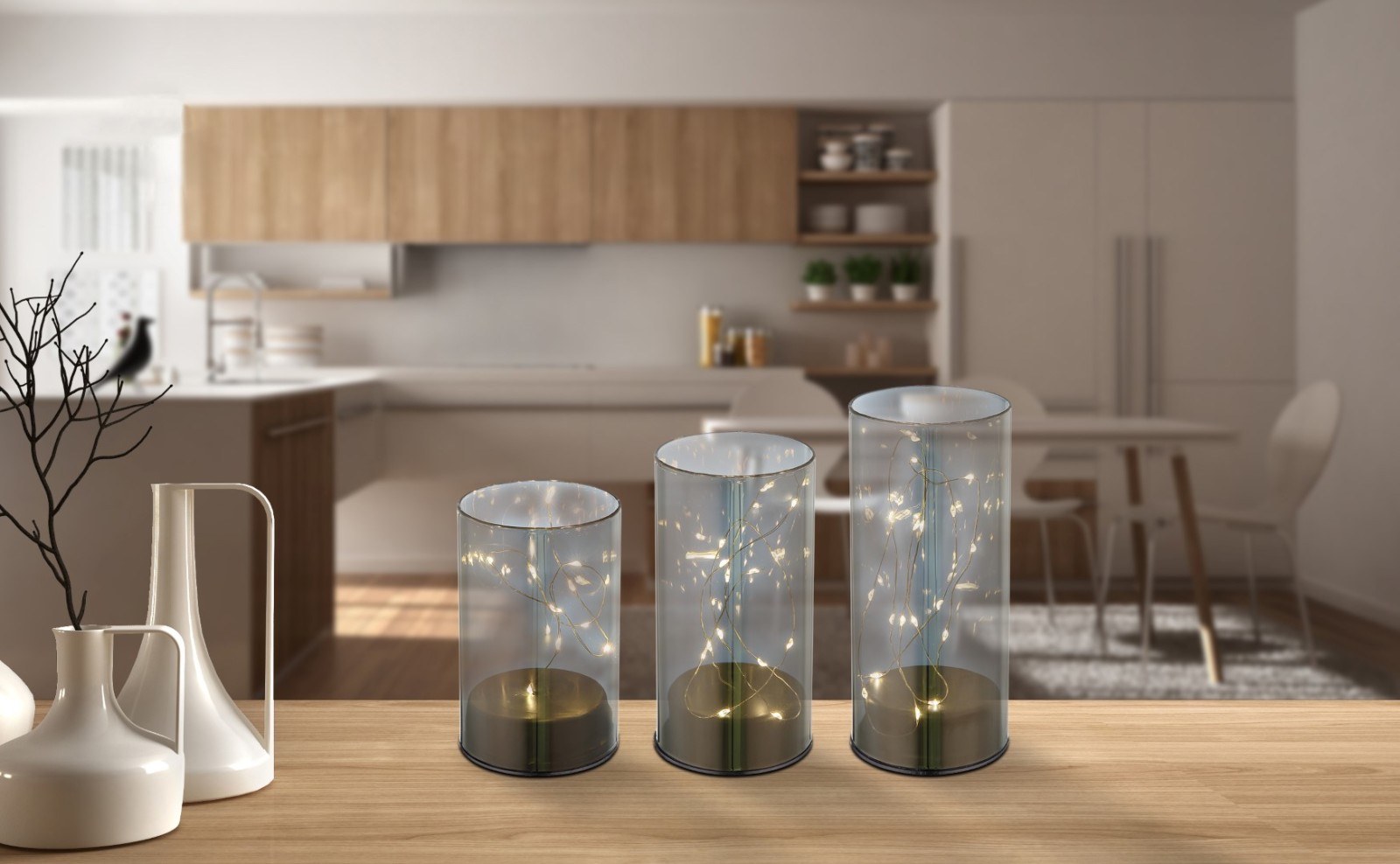 3er-Set LED-Tischleuchte - grau-rauchfarben
