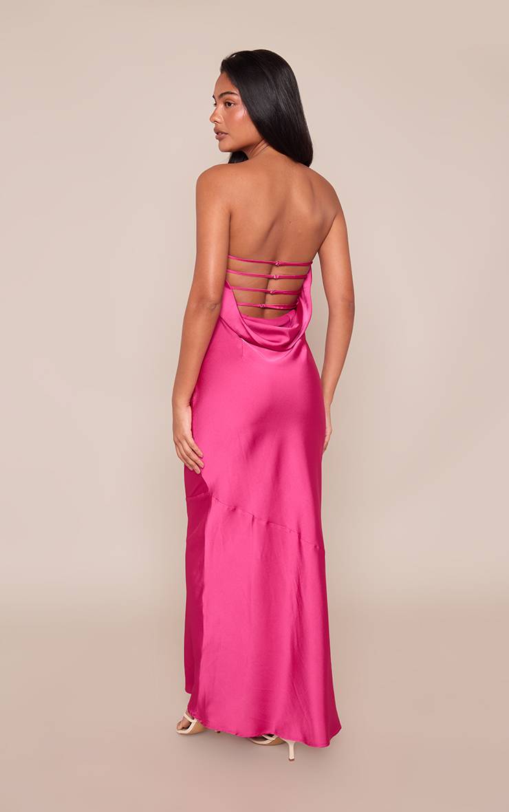 Rose Fuchsia Robe Longue Fuchsia En Satin À Bandeau Et Dos Drapé Cowl