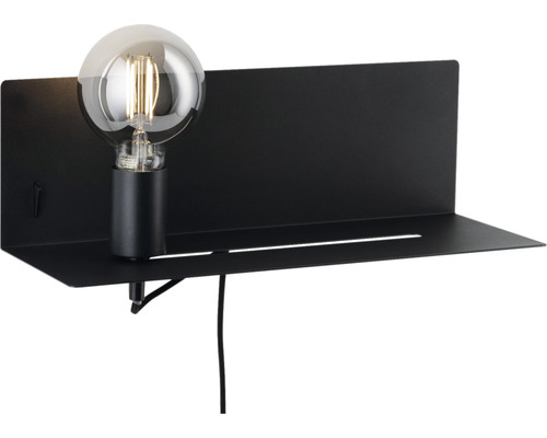 Wandlamp met plank + USB-aansluiting, 1-lamp, HxBxD 13x40x17 cm, Devara zwart met schakelaar