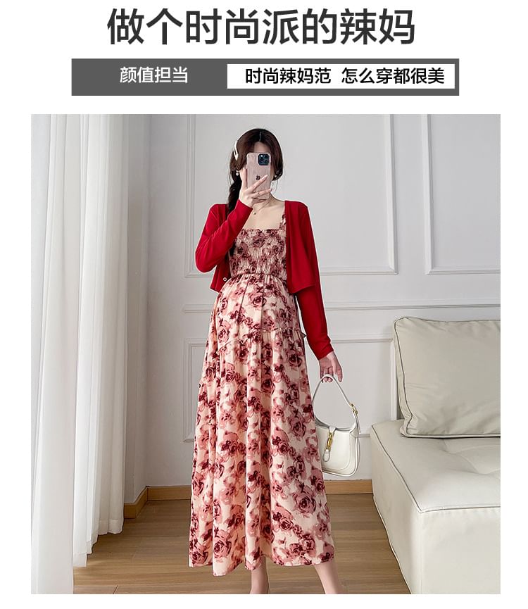 matteira - Maternity Plain Crop Cardigan / Spaghetti Bandjes Print Midi A-lijn Jurk