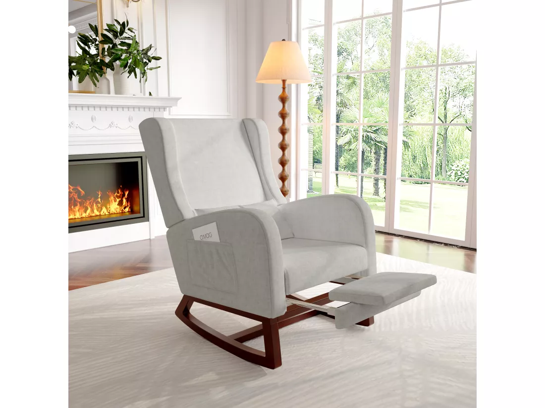 Fauteuil à bascule, Chaise à Bascule avec Repose - Jambes Rétractable Chaise avec Dossier Haut en Bois Massif Chaise Berçante pour Salon, Chambre, Jusqu'à 150 kg - Gris