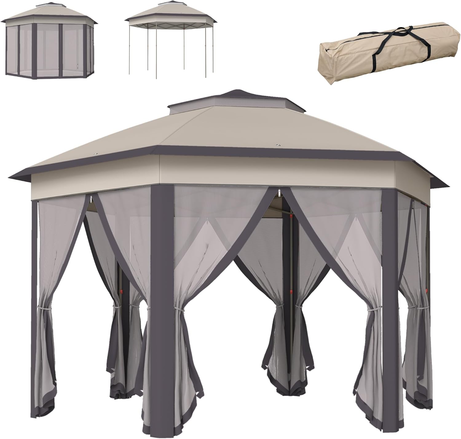 Outsunny Pavillon 4x4m Wasserdicht Pop-up sechseckiger Faltpavillon, Doppeldach, Gartenpavillon mit 6 Seitenteilen, Partyzelt inkl. Tragetasche, für Garten, Terrasse, Festival, Kaffee+Beige