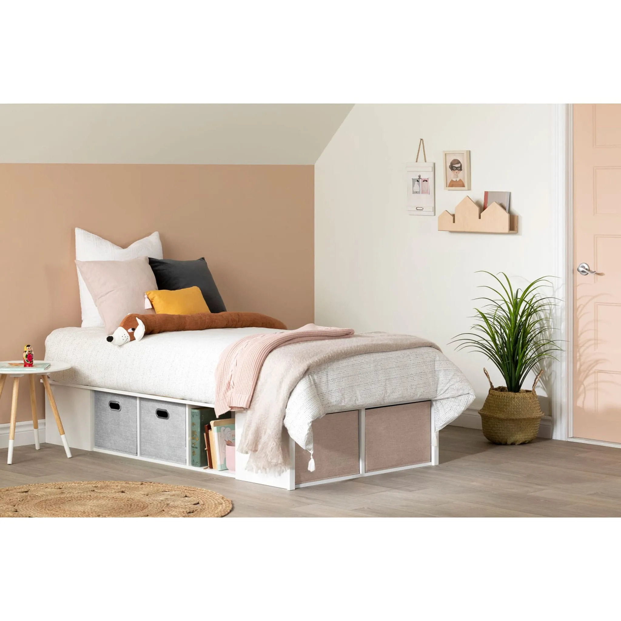 South Shore Lit Plateforme Simple avec Paniers Flexible - Blanc Solide