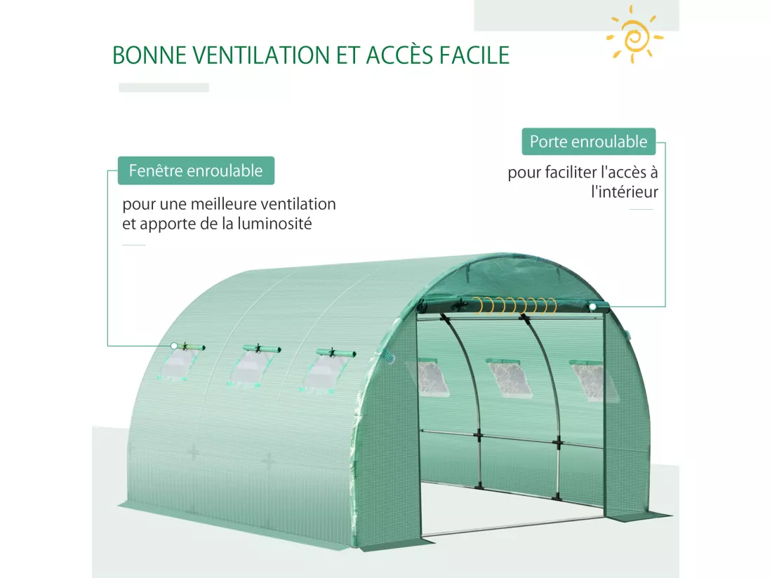 Bâche de rechange serre tunnel 9 m², bâche dim. 3L x 3l x 2H m PE anti-UV imperméable 6 fenêtres + porte enroulable zippée vert