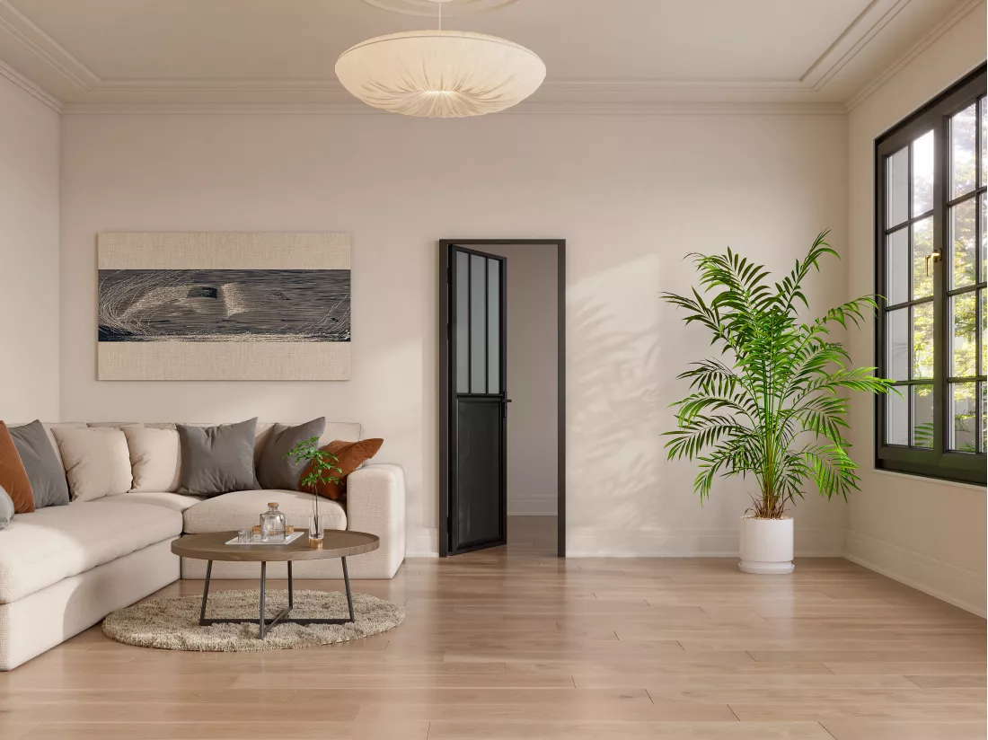 Bloc porte réversible en aluminium et verre trempé dépoli style atelier - H204 x L93 cm - Noir - ERMELO