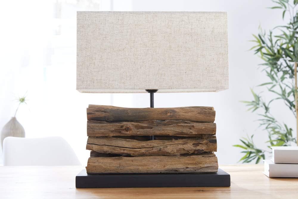 invicta INTERIOR Design Treibholz Lampe PERIFERE beige Tischlampe Handarbeit Leinenschirm Stoffschirm Holz
