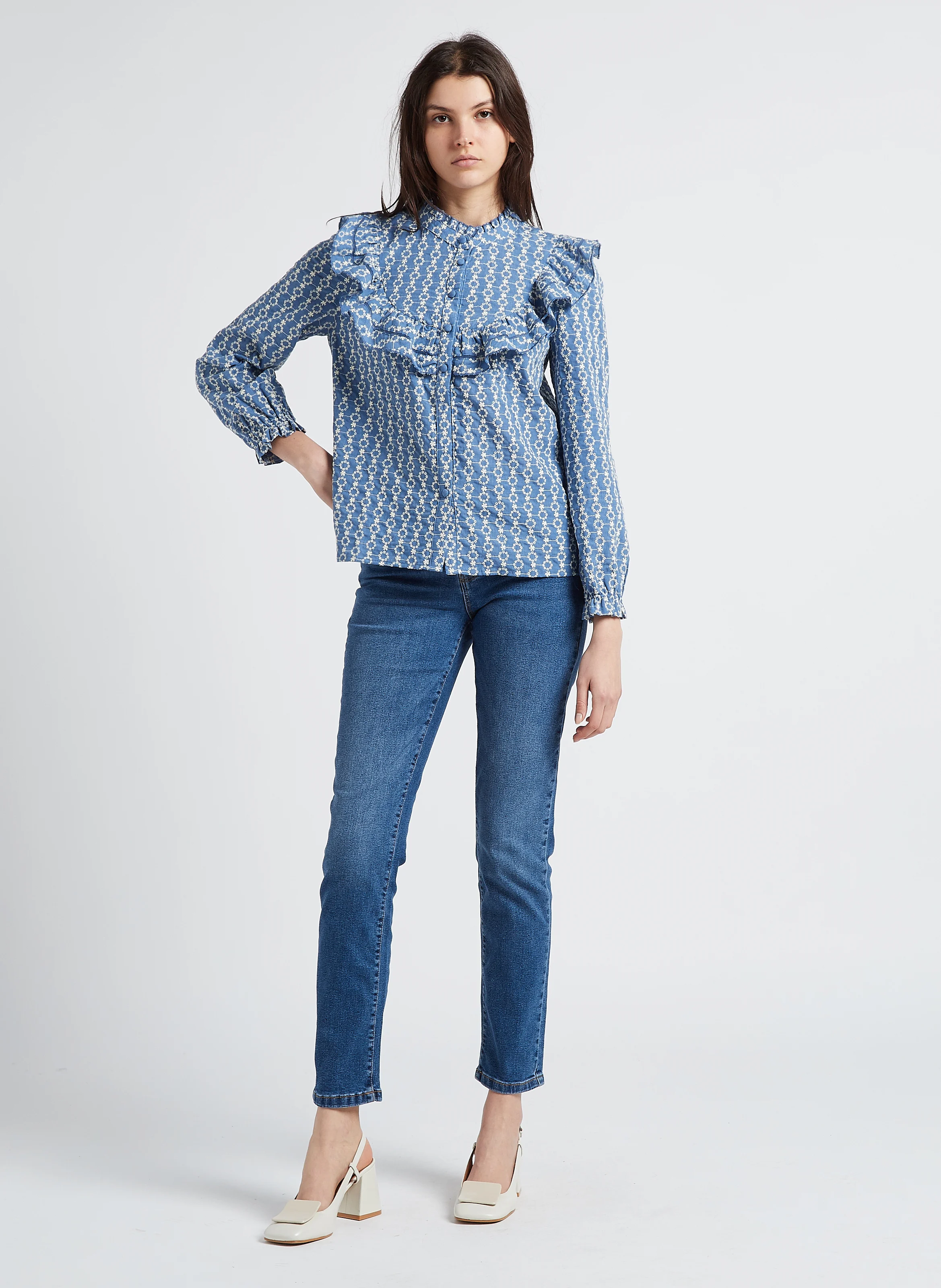 Jean droit taille mi-haute en denim de coton| Bleu