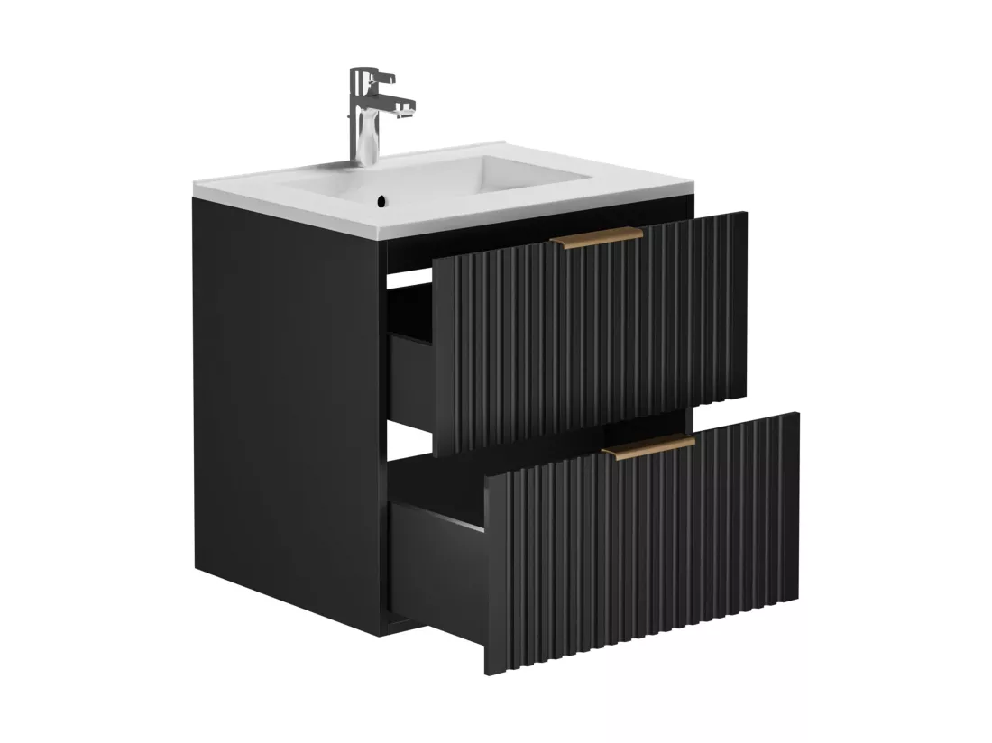 Meuble de salle de bain suspendu strié avec vasque à encastrer - Noir - 60 cm - ZEVARA