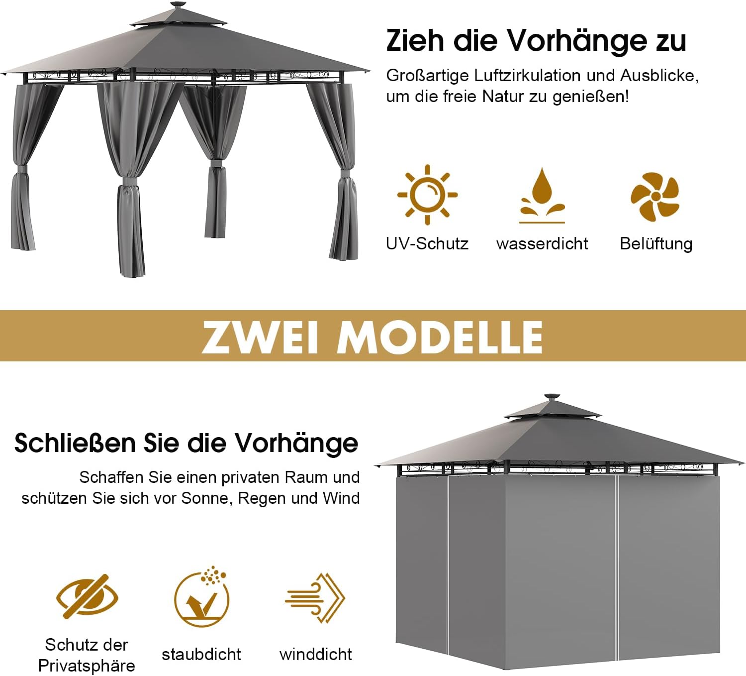 Pavillon 3x3 Wasserdicht Stabil Winterfest, Garten Pavillion mit seitenwänden, UV-Schutz 50+, Plane Gartenlaube, Metallrahmen Pavillon, Patio Gazebo, Grau