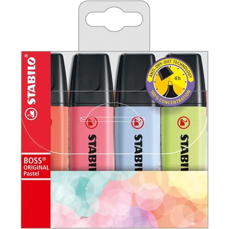 Textmarker - STABILO BOSS ORIGINAL Pastel - 4er Pack - Korallrot, Kirschblütenrosa, Wolkenblau, Prise von Limette