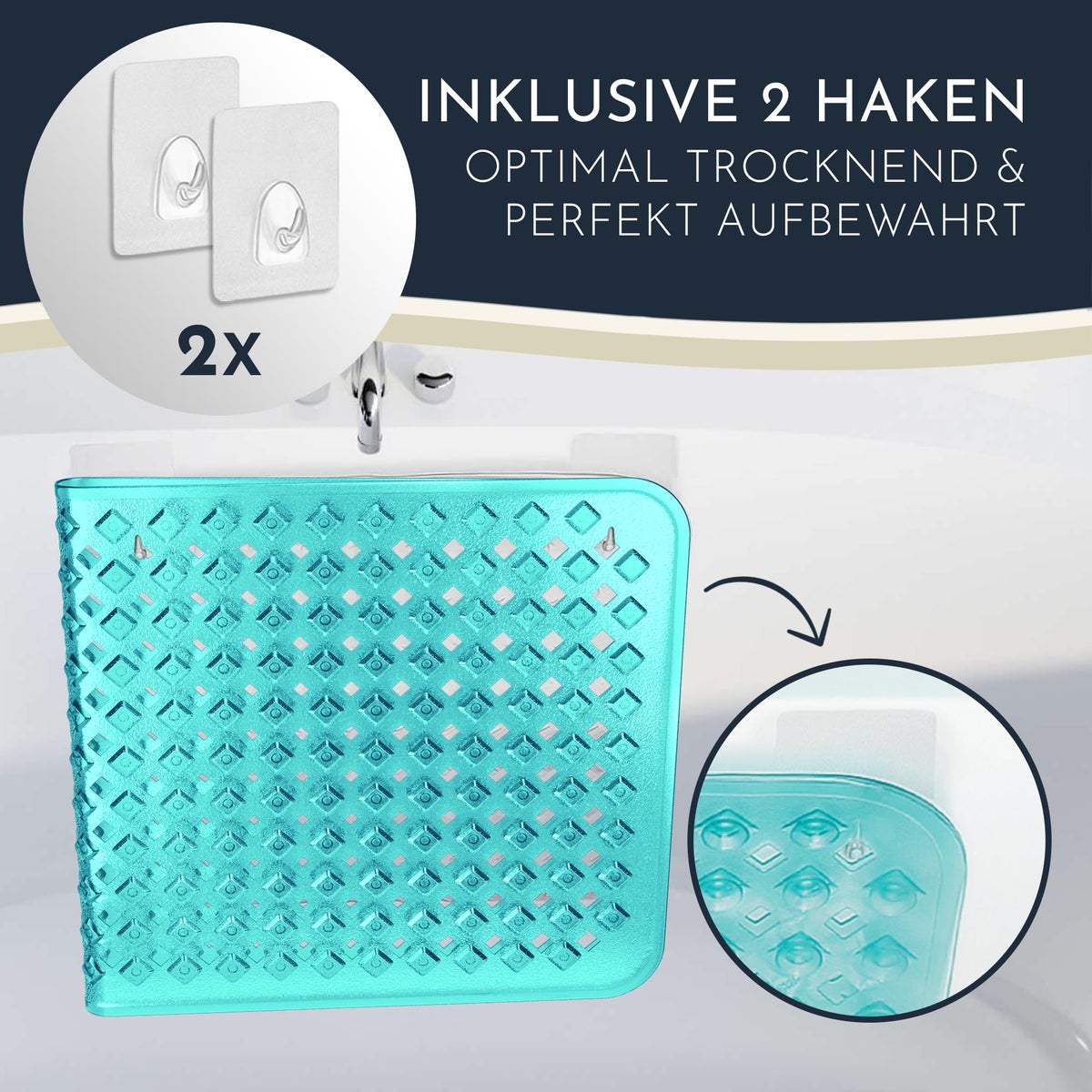 Homerella Antislip Badmat, Huidvriendelijk, 88x39cm, INCL. OPHANGSTANG | Antislip Badmat, BPA-vrij | Schimmelwerende & Machinewasbare Douchemat | Antislip Badmat