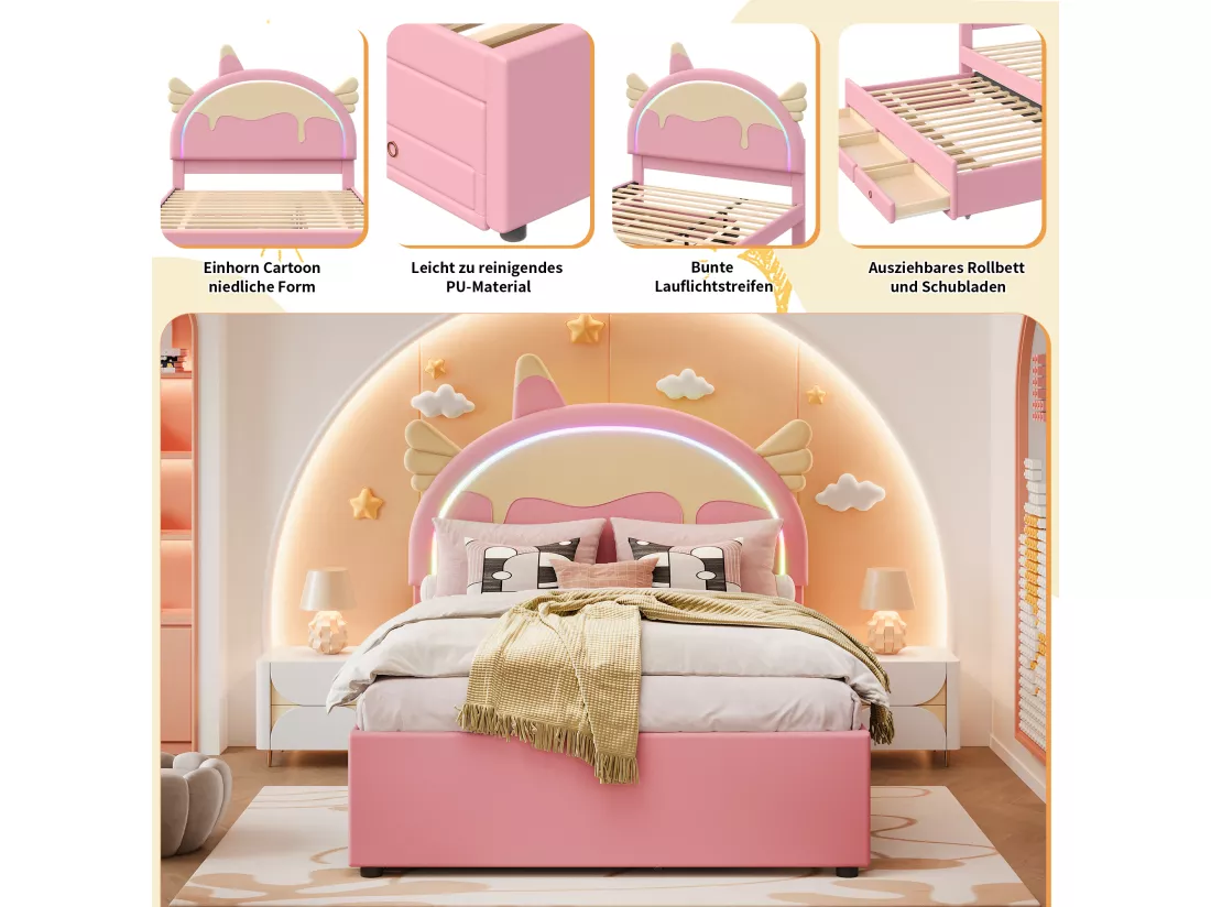 Lit gigogne 140 x 200 cm + 90 x 190 cm avec 3 tiroirs - Tête de lit en forme licorne - Similicuir - Rose