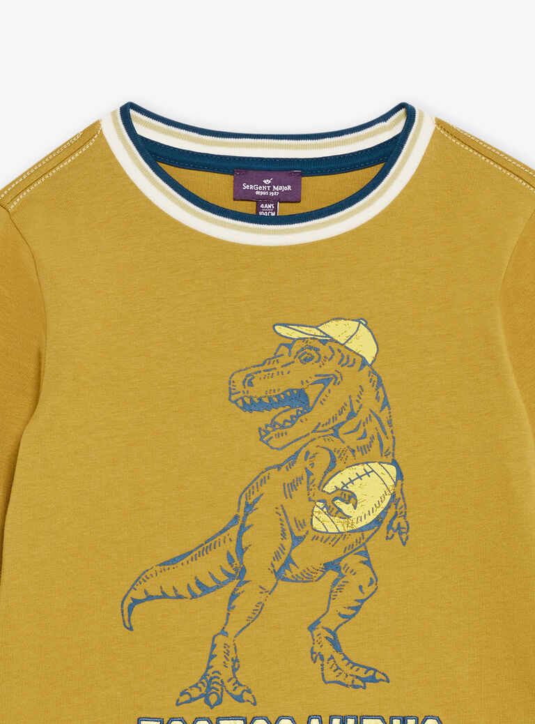 T-shirt jaune moutarde à motif dinosaure