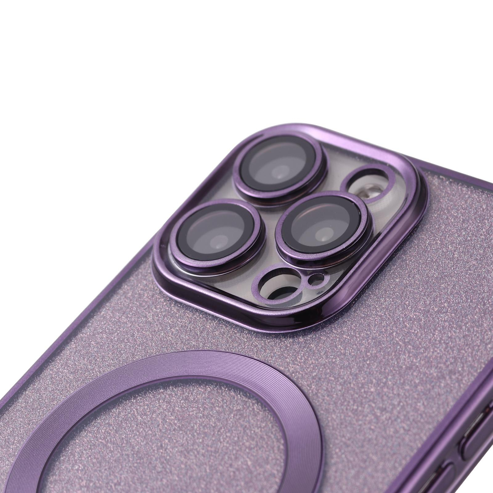 iPhone 13 Pro MagSafe Gummi Case Hülle mit Acryl Kameraglasschutz im Glitzer Design - Lila / Transparent