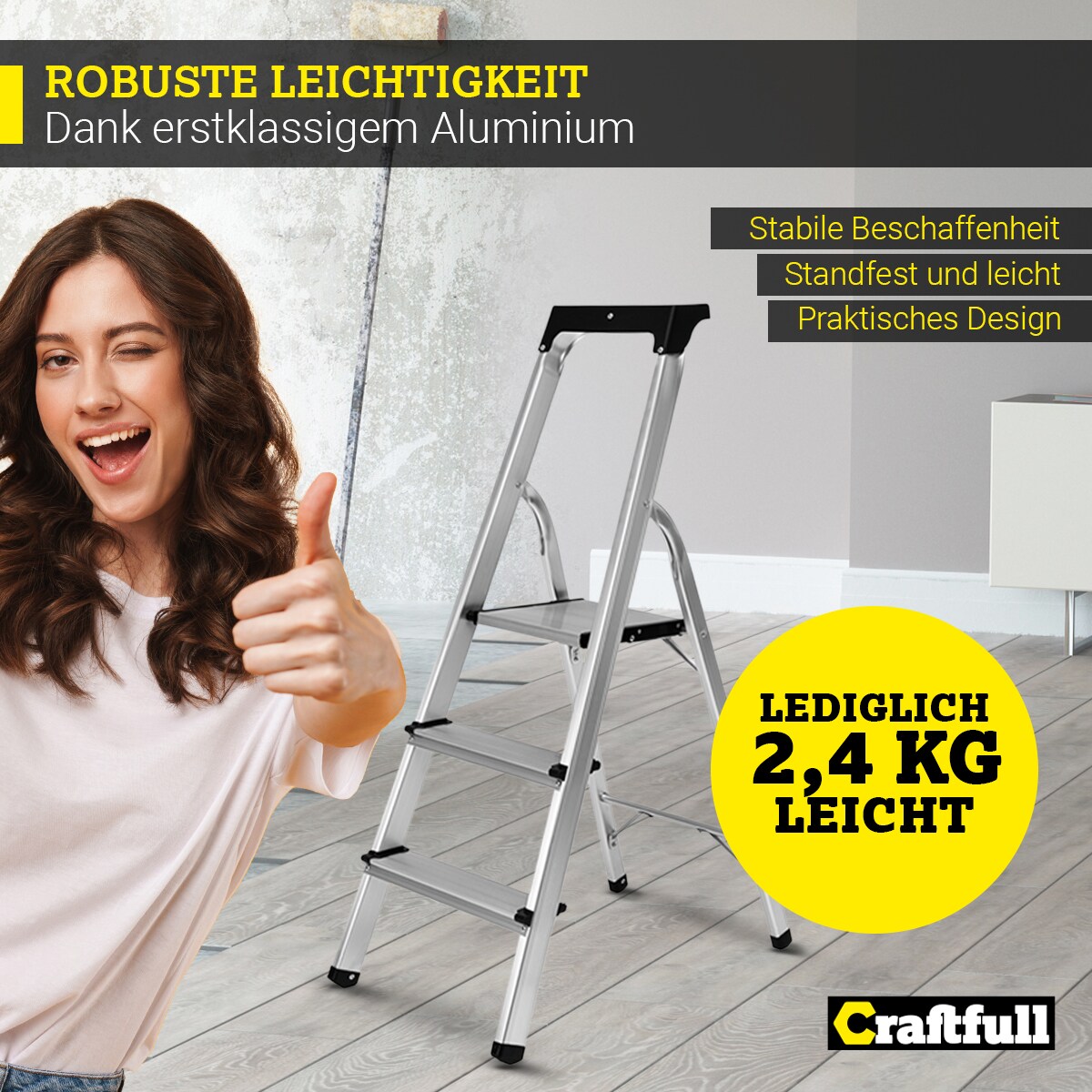 Craftfull Stehleiter CF-133B, Aluminium-Haushaltsleiter, Ablagefläche, Gummi-Standfüße, 3-6 Stufen (3 Stufen)