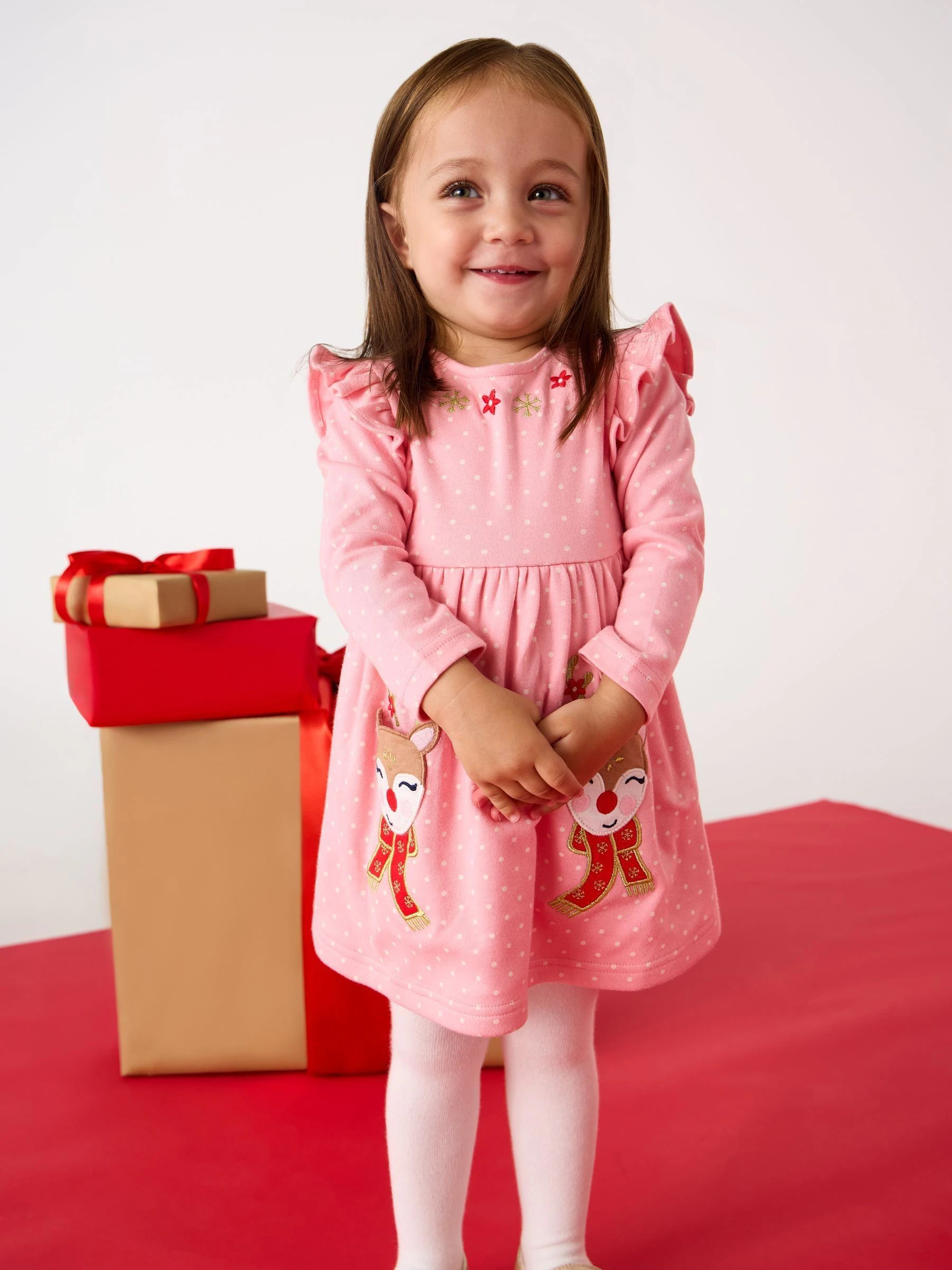 Rose Pink Reindeer - JoJo Maman Bébé Kerstmis jurk met schouderruches en appliqué