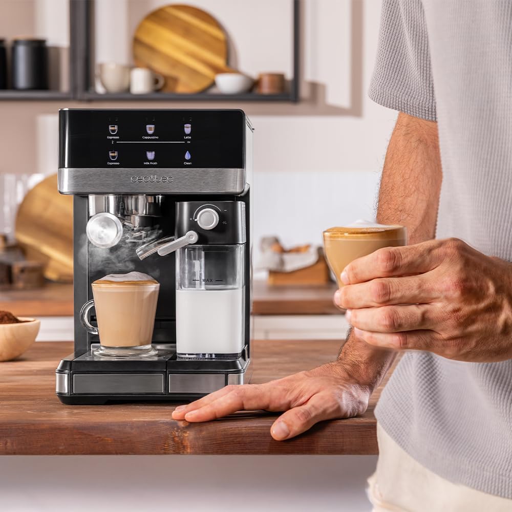 Cecotec Express-Kaffeemaschine, halbautomatisch, mit Power-Espresso-Milchtank, 20 Touch & Cream, 1350 W, Thermoblock-System, 20 Bar Druck, Aufschäumdüse, Tank 1,8 l, Zubehör