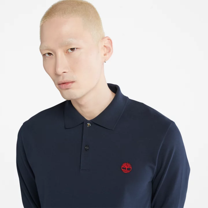 Camisa polo de manga comprida Millers River em piqué para homem, na cor azul marinho.