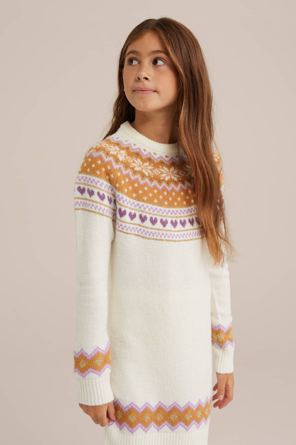 WE Fashion jurk met all over print wit/paars/okergeel