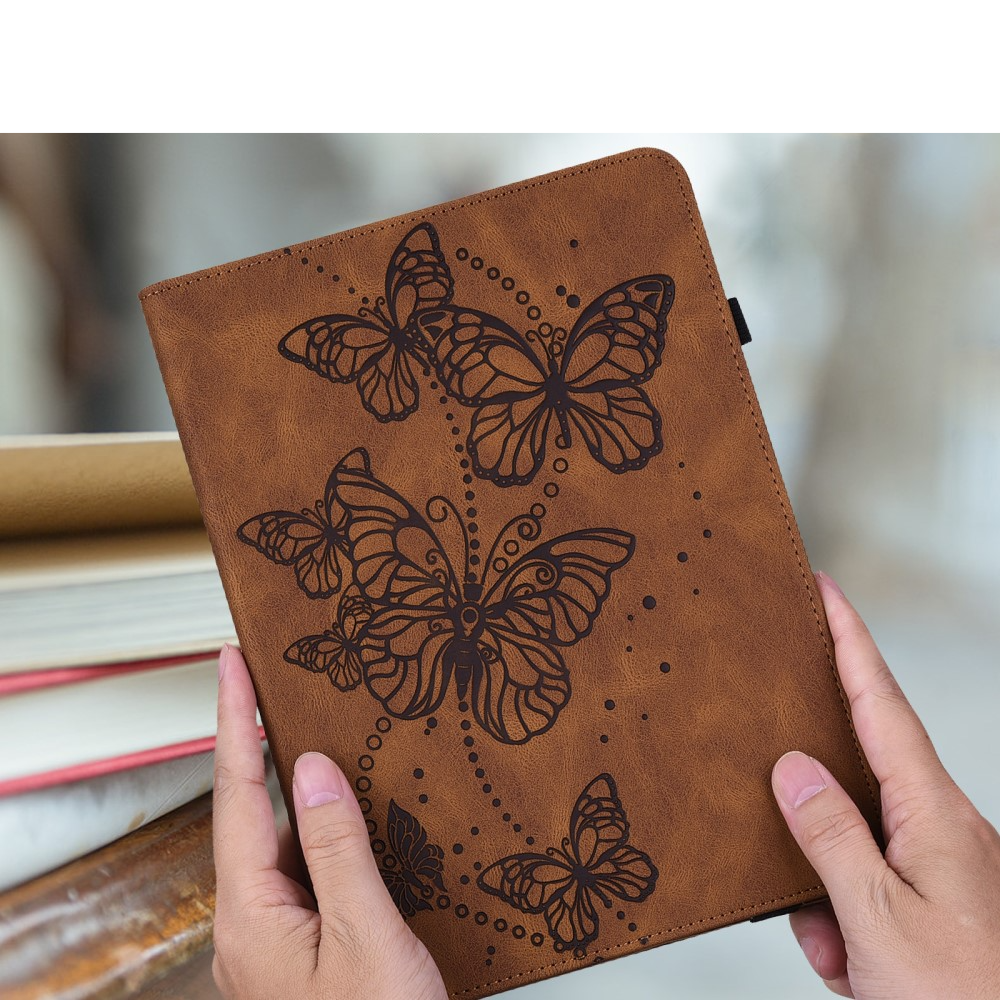 Samsung Galaxy Tab A9  Plus Leder Tasche Flip Cover Butterflies Imprint   S-Pen Halterung - Braun