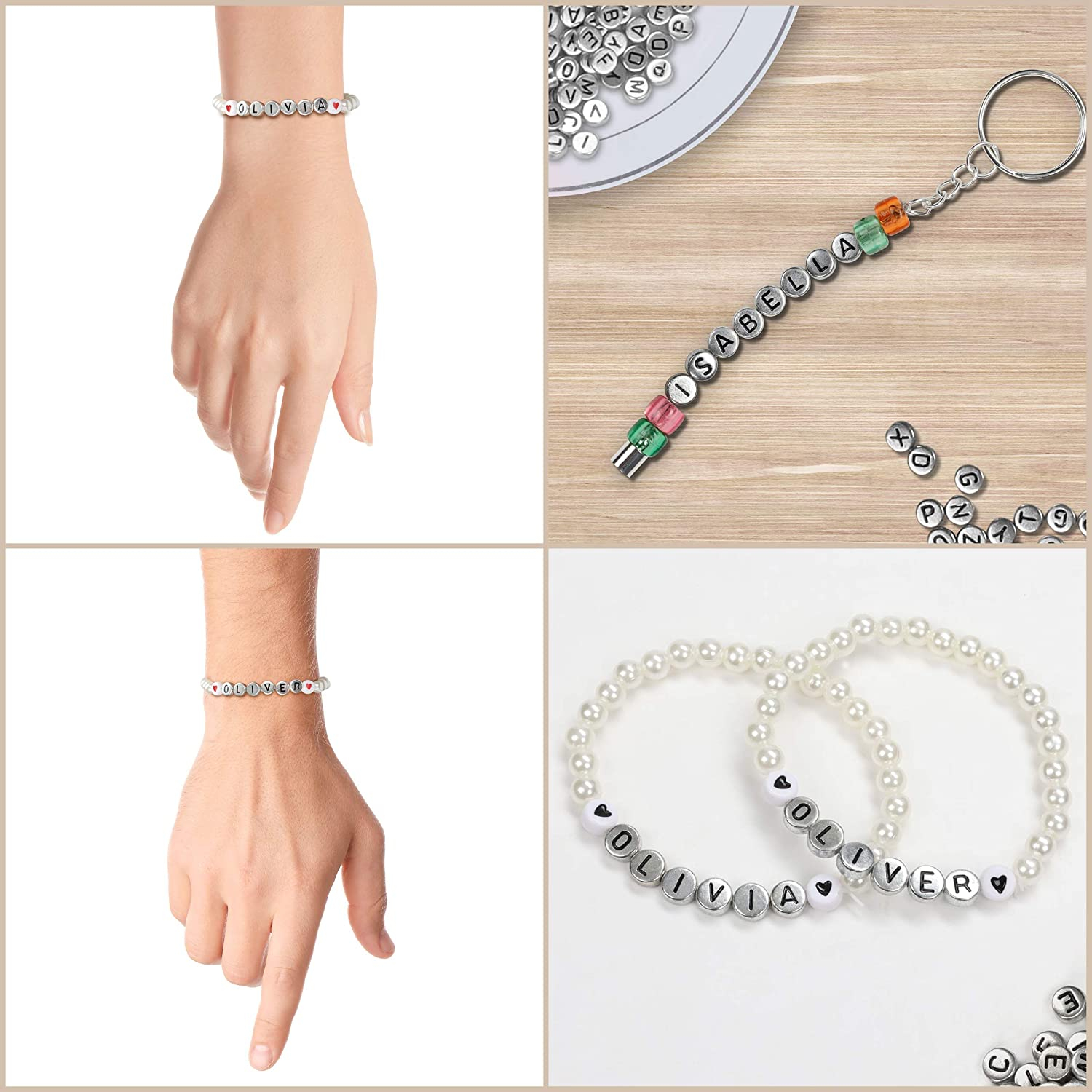 (100er Set) Buchstaben Perlen DIY Bastel Schmuck Zwischenperle für Armband / Kette - Silber / Schwarz