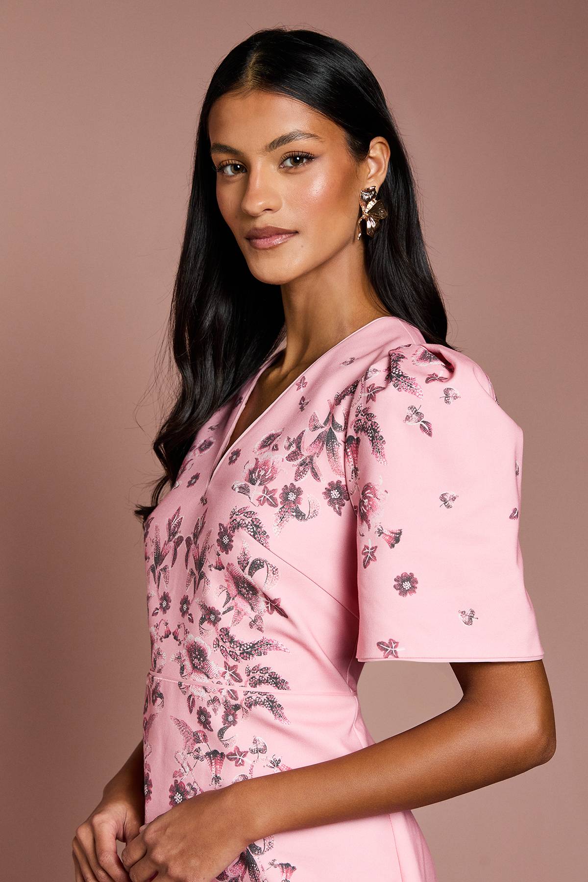 Coast Robe Mi-Longue en Coton à Manches Bouffantes et Imprimé Placement Petite Taille