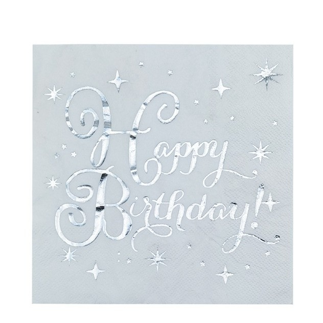 (20er Set) 33x33cm Happy Birthday Einweg Servietten Party Tisch Dekoration - Weiss / Silber