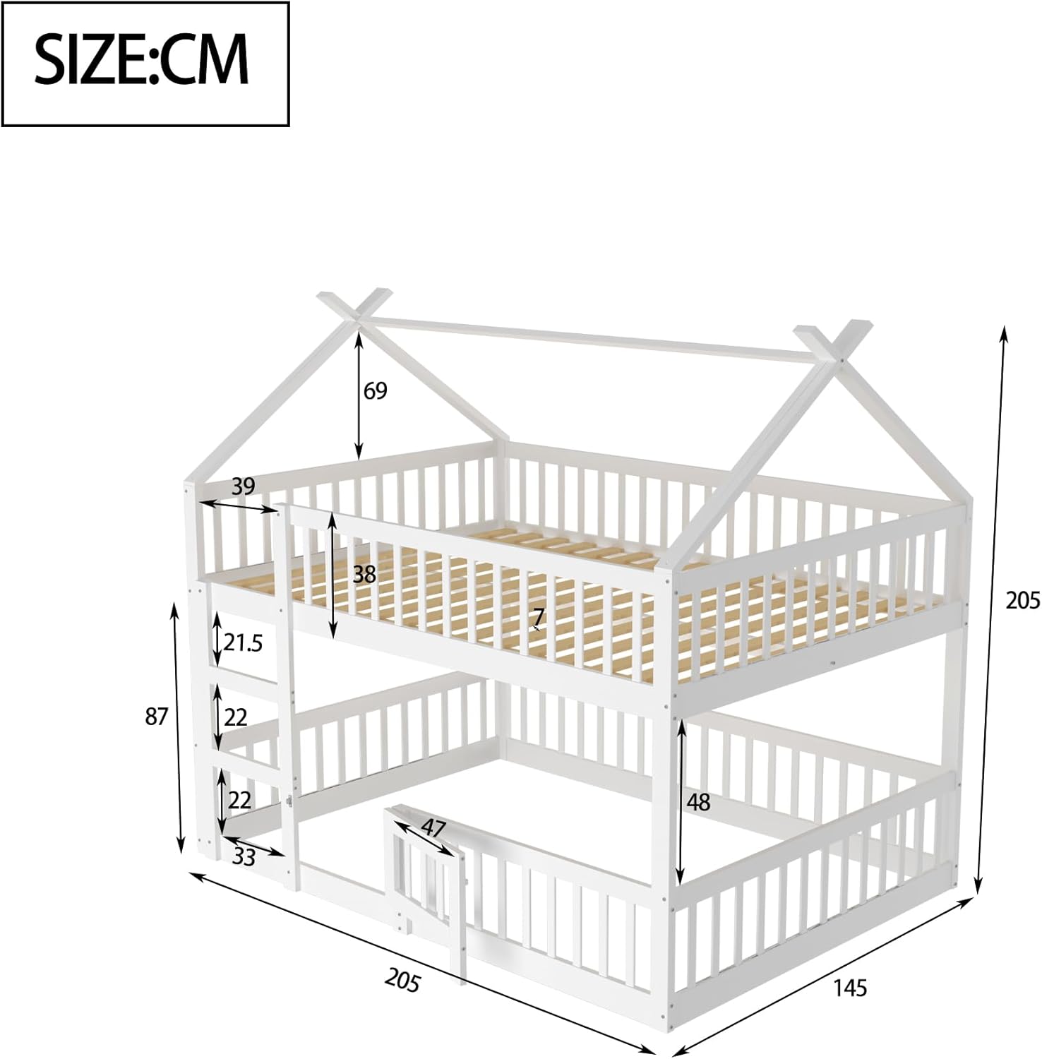 Merax Etagenbett 140 x 200 cm, Multifunktionales Etagenbett Kinderhaus mit Treppen, Vollholzrahmen, Weiß (ohne Matratze)