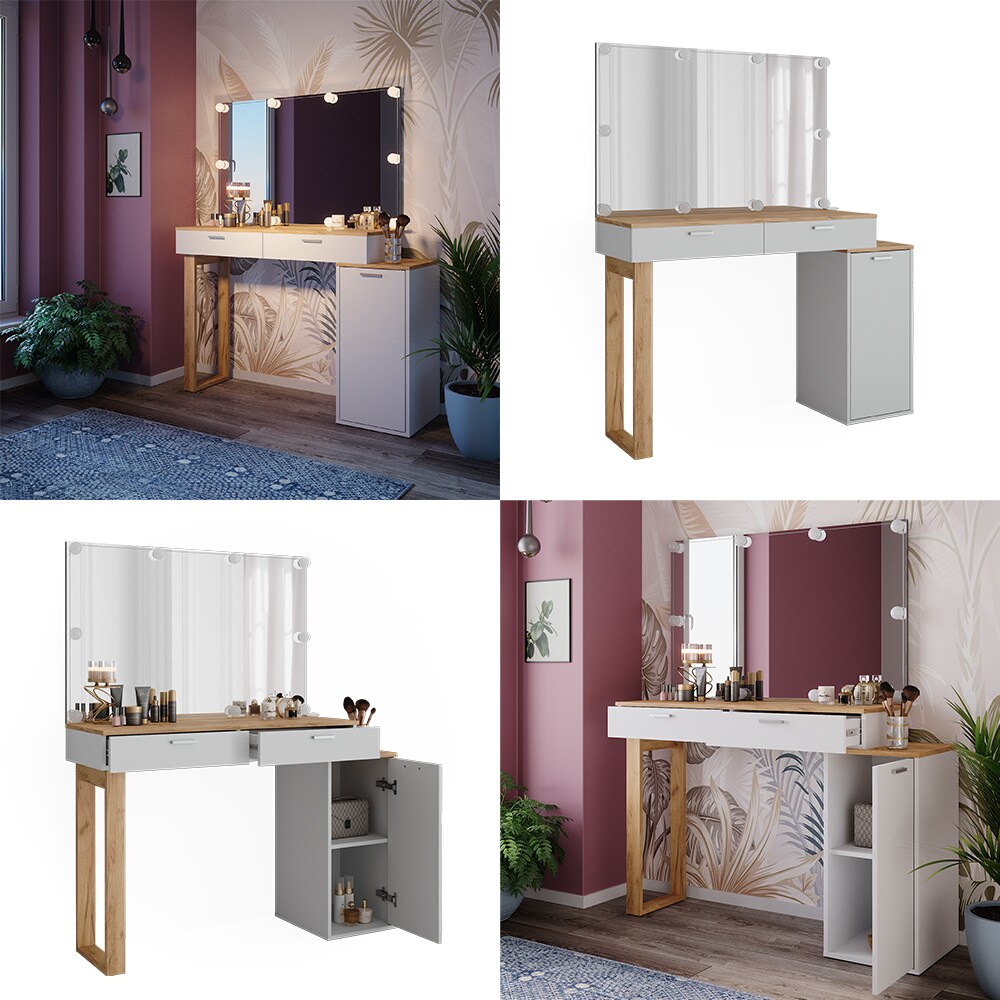 Vicco Schminktisch Regina Weiß Eiche 130 cm mit Spiegel und Beleuchtung