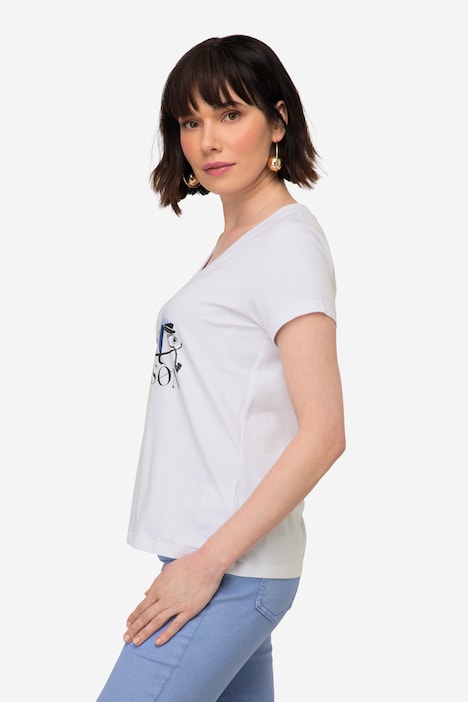 T-Shirt, Fisch Motiv, V-Ausschnitt, Halbarm
