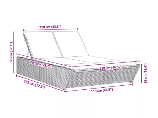 Chaise longue double avec coussins gris résine tressée