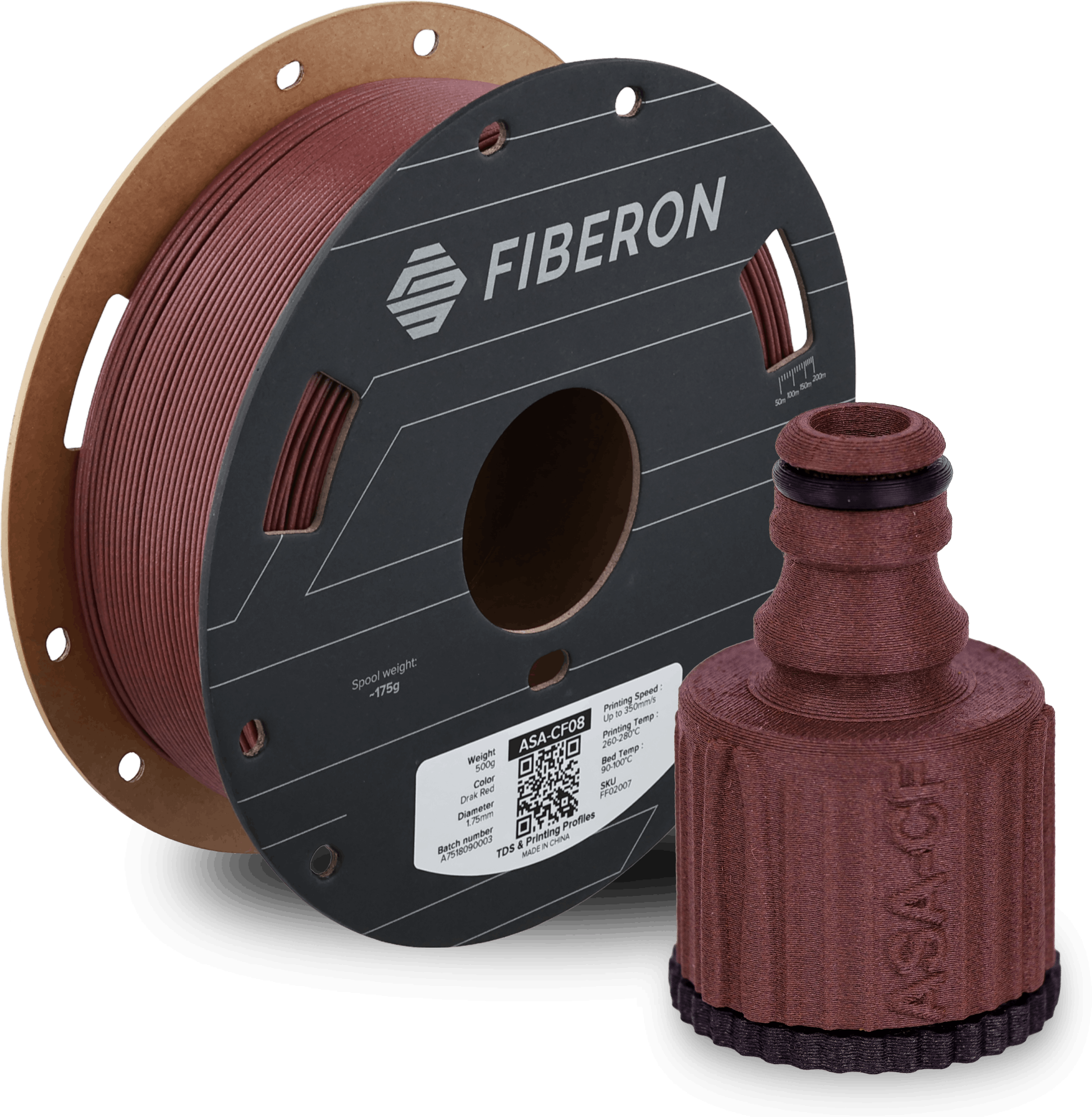 Polymaker  Fiberon™ ASA-CF08 Dark Red, 1,75 mm / 500 g    Carbonfaserverstärktes ASA Filament für robuste Anwendungen in Dark Red