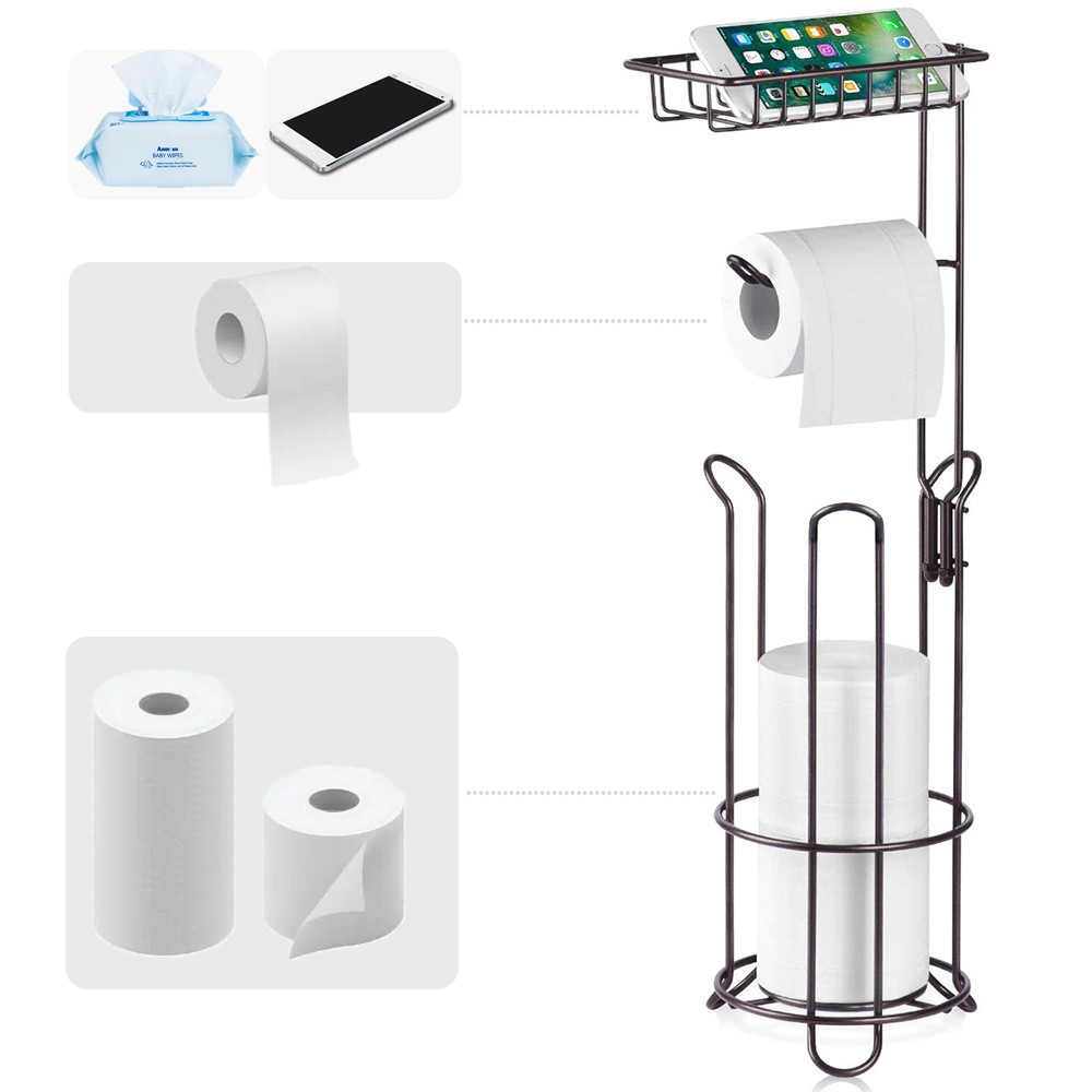 (60x17cm) 2in1 Metall Toiletten Papier Halterung Freistehender WC Papier Ständer mit Handy Ablage - Schwarz