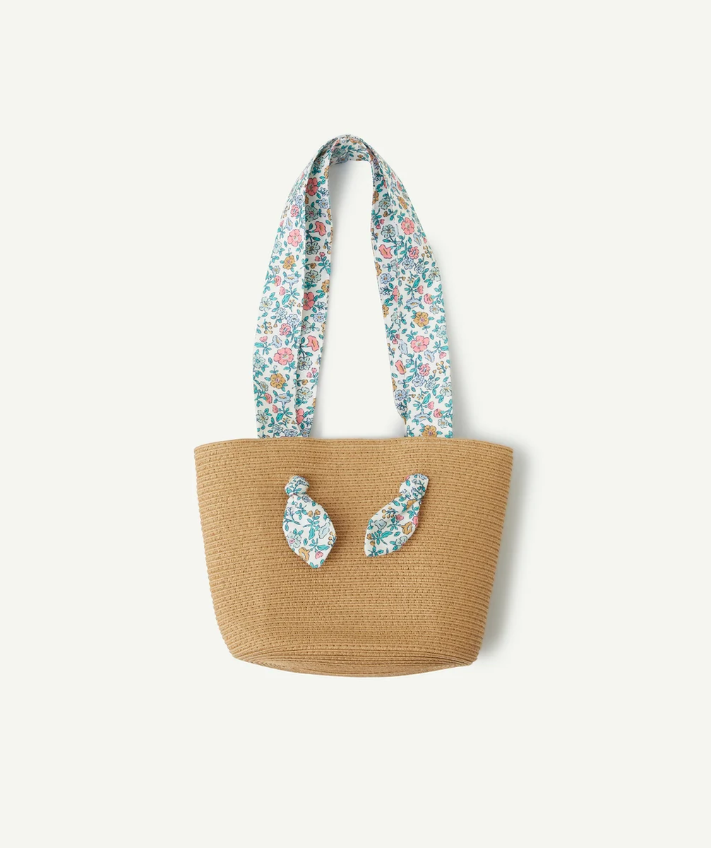 sac en paille fille avec anses en tissus imprimé fleuri