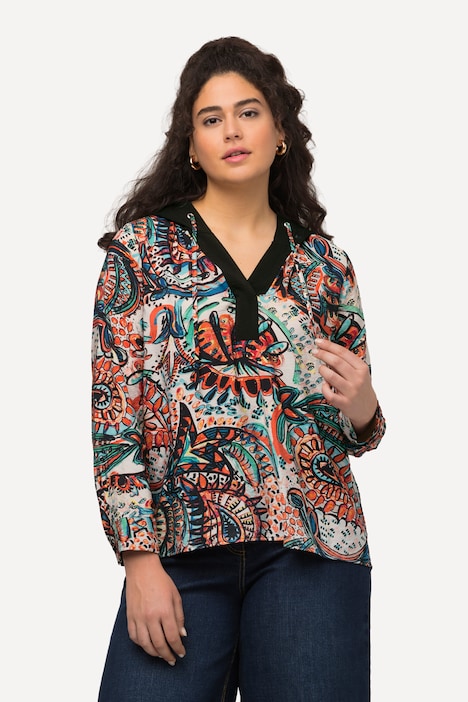 Kapuzen-Bluse, Paisley, A-Linie, V-Ausschnitt, Langarm