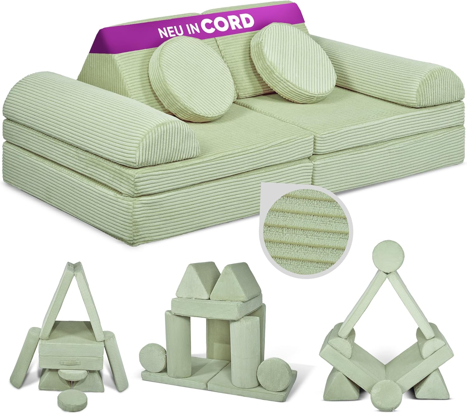 Linodino® Spielsofa Cord Fantasiewelt, Kindersofa-Bausteine - Stapelsteine für Kinder - Kindercouch, Sofa-Kuschelecke | Schaumstoff-Softbausteine | Oeko-TEX 100 Zertifiziert | Avocado Grün