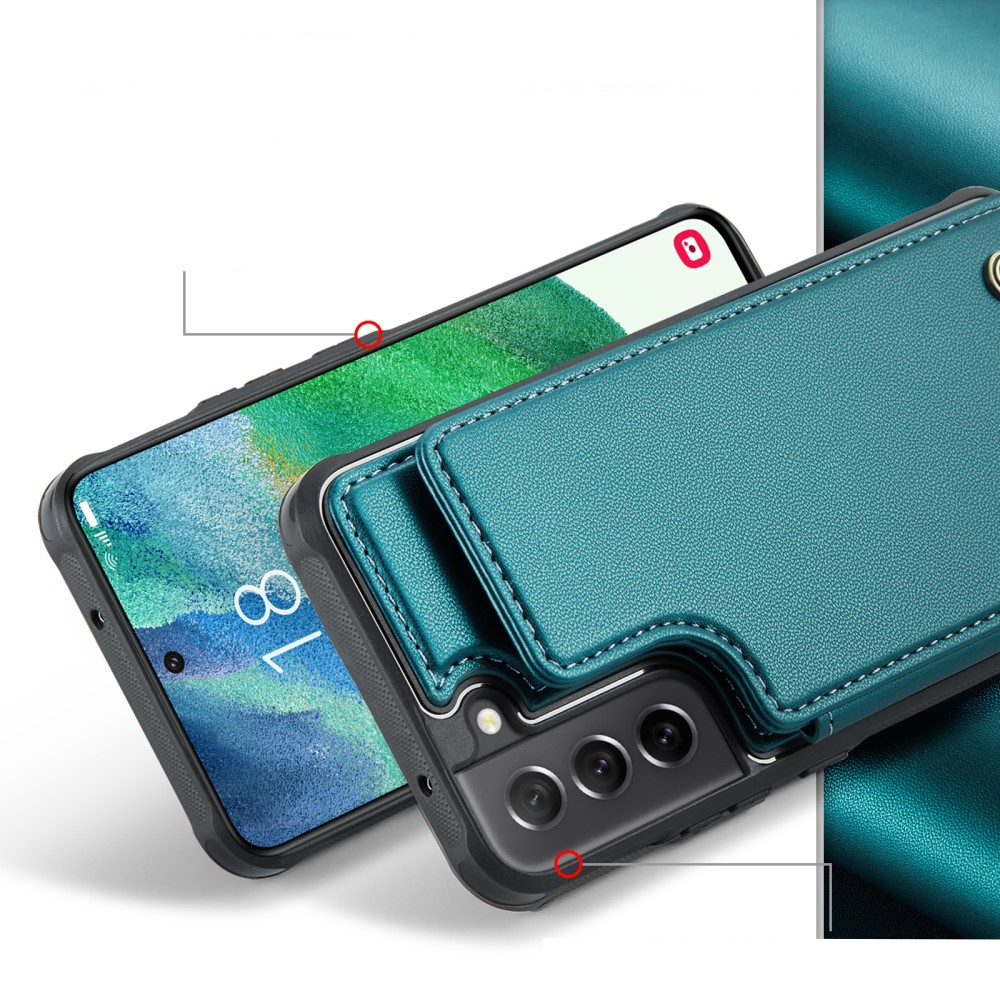 Samsung Galaxy S21 FE 5G Leder Hülle mit Kartenfächern im Litchi Look   Kickstand (RFID Schutz) - Grün