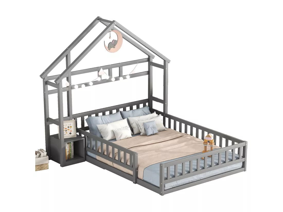 Lit d'enfant, 140 x 200 cm, lit plat, lit familial avec garde-corps, lit d'enfant avec tête de lit, gris