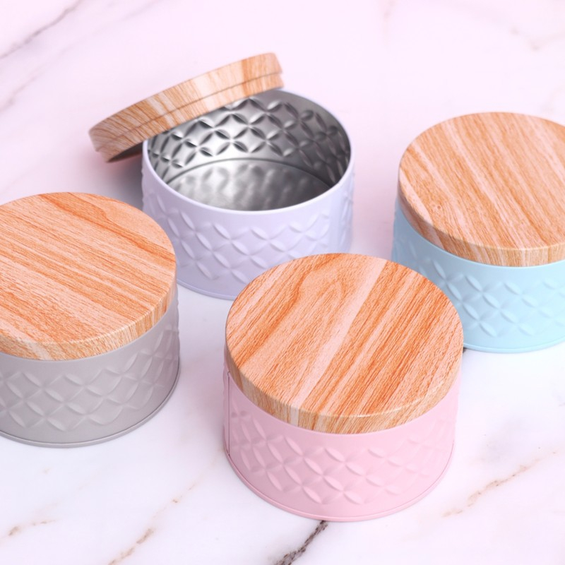 (Ø10x6.5cm) Blech Vorrats Dose Aufbewahrungs Behälter inkl. Deckel in Holz Optik für Tee / Süssigkeiten / Kosmetik - Weiss / Braun
