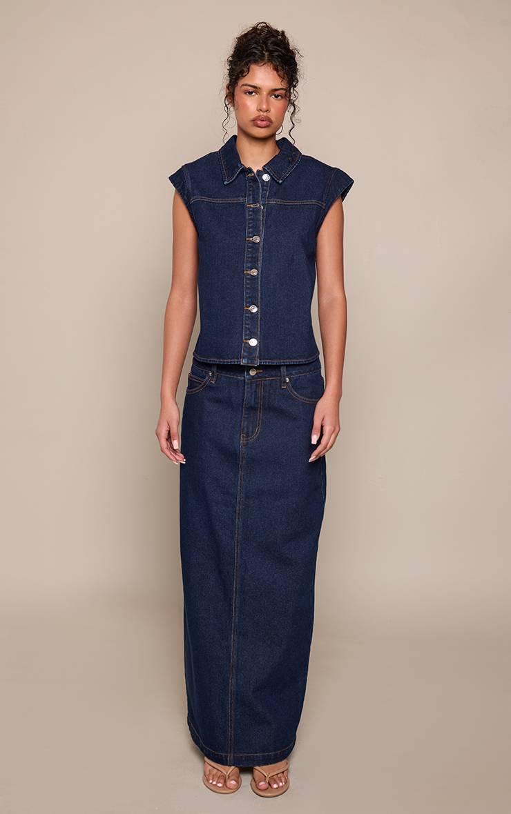 Bleu Indigo Haut En Denim À Boutons Avec Épaules Structurées