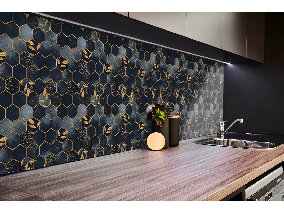 Panneaux muraux en vinyle, Planches en vinyle adhésives - 100x50 cm - Feuilles et hexagones