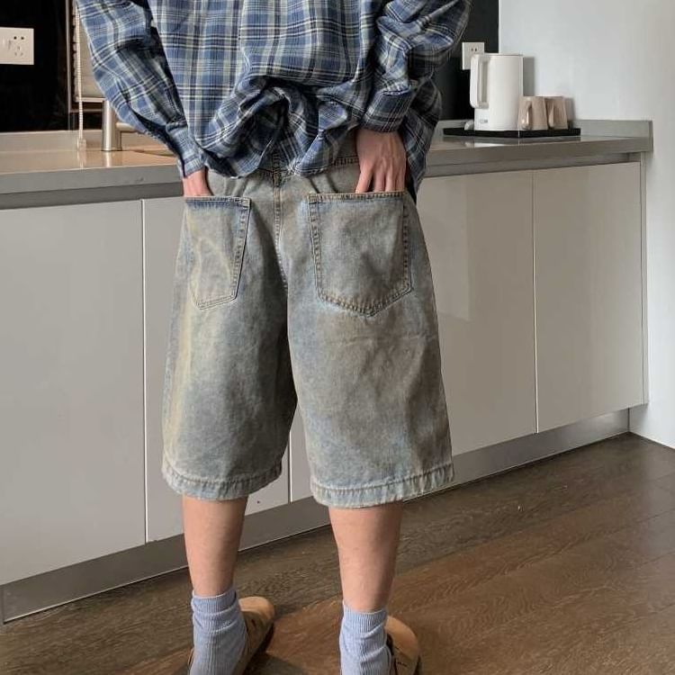 Adotuiastic - Mid Rise Washed Denim Loose Fit Cargo Jorts