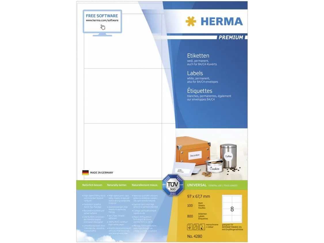 HERMA Premium - Papir - mat - permanent selvklæbende - hvid - 97 x 67.7 mm 800 etikette(r) (100 ark x 8) laminerede etiketter