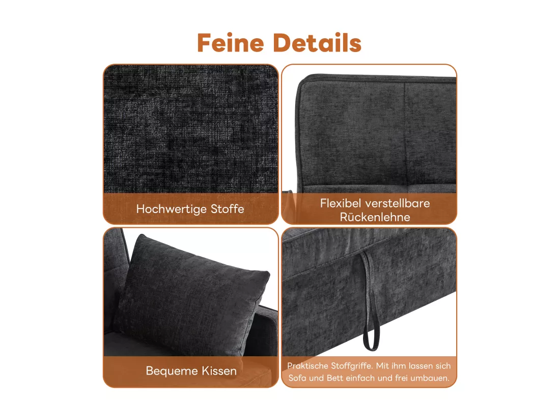 Canapé convertible 2 places, Canapé-lit pliant en tissu chenille - 142 x 79/174 x 85 cm - avec fonction sommeil et dossier réglable - Noir