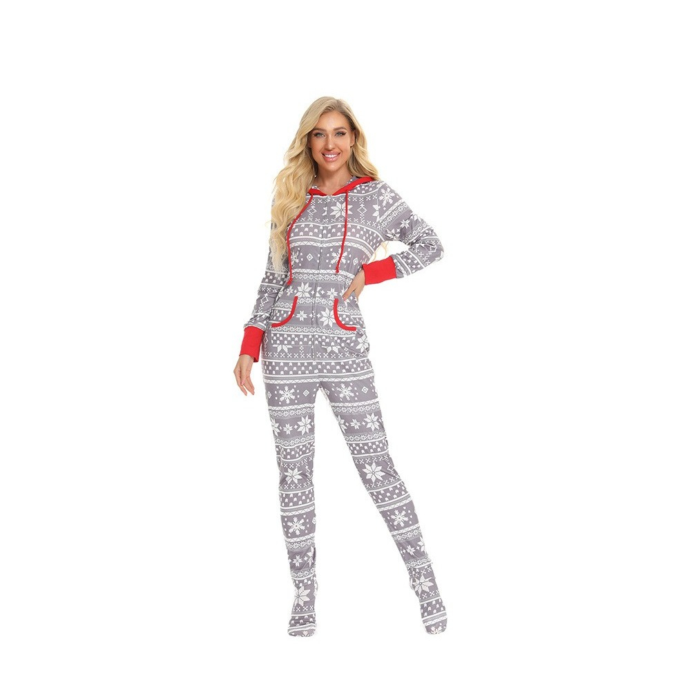 (Gr. M) Damen Christmas Pyjama Overall Winter Jumpsuit mit Kapuze - Grau / Weiss / Rot