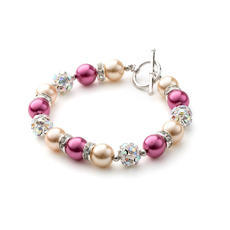 Bracelet 1 Rang en Perles Orange et Rose, Cristal et Plaqué Rhodium